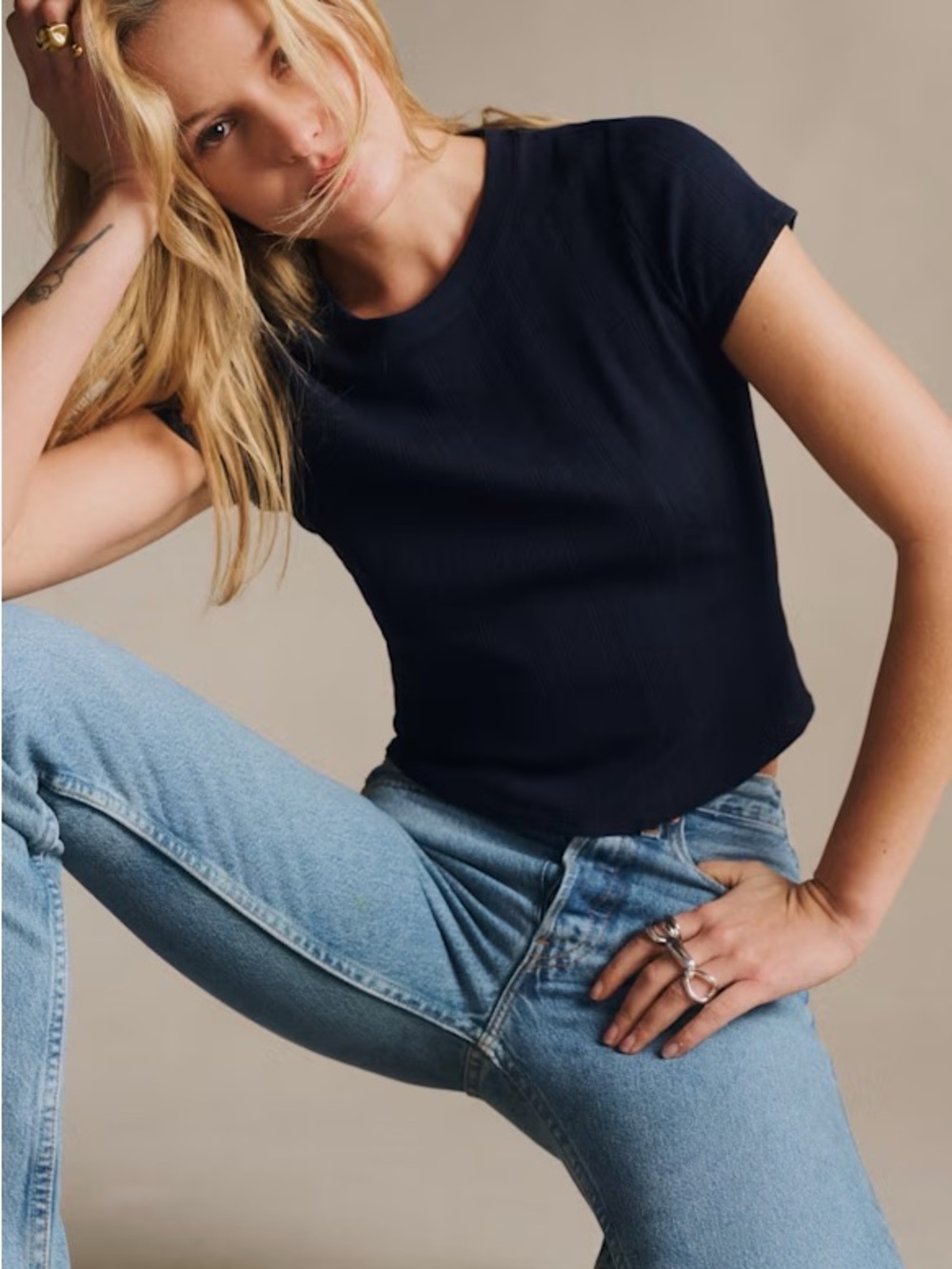Sezane Short Sleeve Ribbed Tee - navy